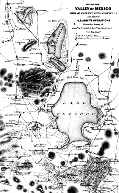 Map of the
        Valley of Mexico with a plan of the Mexican defence and line of U. S. Army's operations