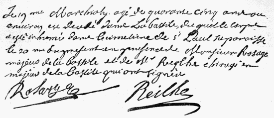 Burial certificate of the masked prisoner (November 20, 1703),
reproduced from the facsimile in the sixth edition of The Man in
the Iron Mask, by Marius Topin, 1883. The original, in the city
archives of Paris, was destroyed in the conflagration of 1871.
