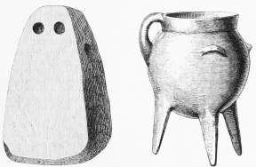 No. 198. A piece of Terra-cotta, with two holes slightly
sunk in front like eyes, and a hole perforated from side to side (8
M.).