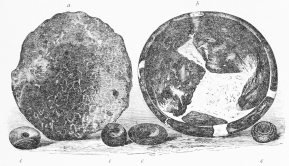 No. 108. a, Hand Millstone of Lava (15 M.). b,
Brilliant black Dish with side Rings for hanging it up (14 M.).
c,c,c,c, Small decorated Rings of Terra-cotta (10-14 M.).