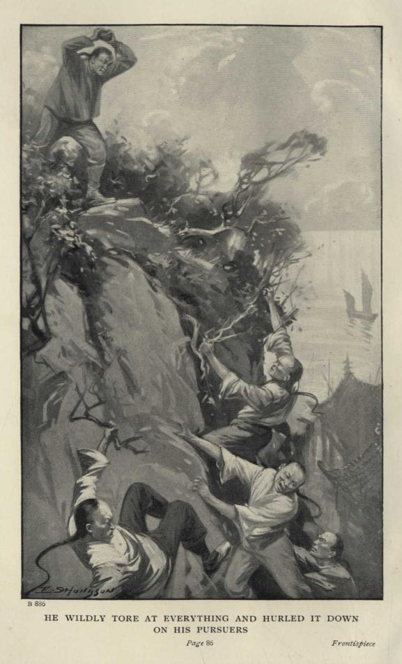 HE WILDLY TORE AT EVERYTHING AND HURLED IT DOWN ON HIS PURSUERS  *Page* 86 *Frontispiece*