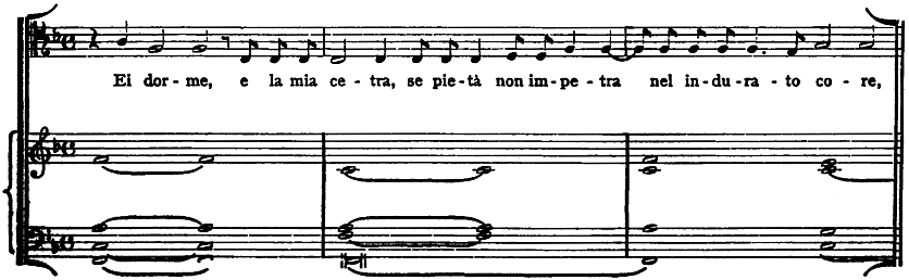 Ei dorme, e la mia cetra, se piet non impetra nel indurato core,