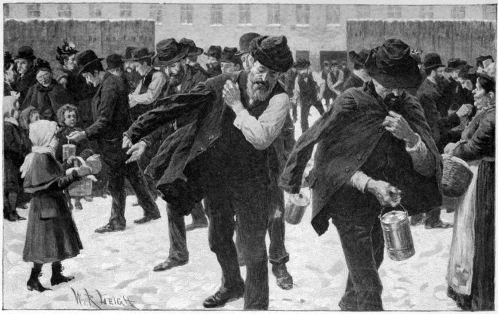 A street scene with mostly men.
A few children and women are visible carrying pails and baskets.