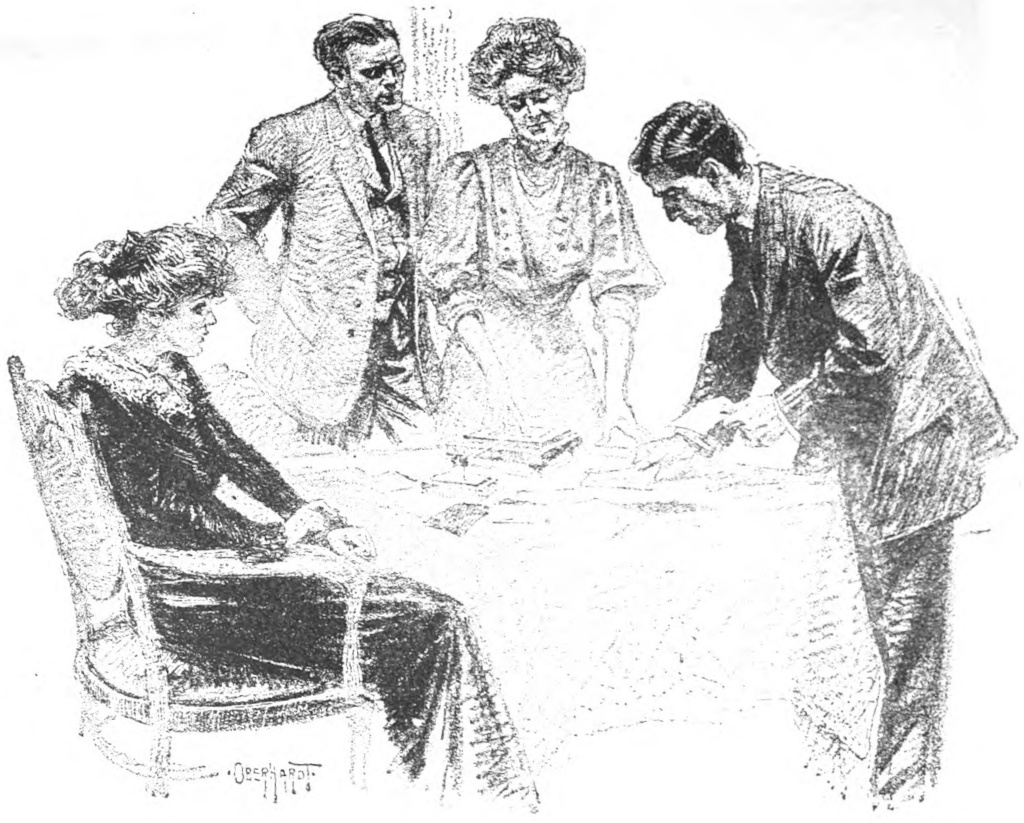 A table with four people around
      it. A younger woman sits and watches the others. A gentleman
      stands slightly behind the others. An older woman stands with
      one hand resting on a flat instrument, and gazes at the cards
      which a younger man is placing about her on the table.